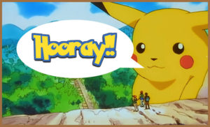 Giant Pikachu yelling hooray