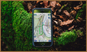A GPS tracking app on the ground of a forrest