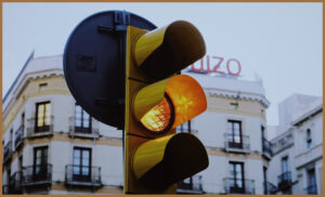 A traffic light on amber