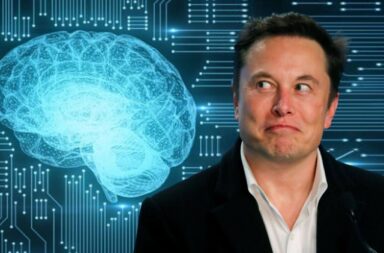 Elon Musk looking at a brain made of electric wires