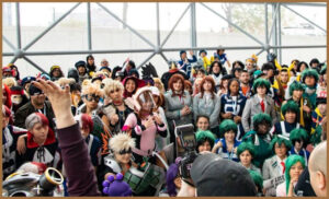 A group of cosplayers at an anime convention