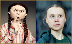 Greta Thunberg and the puppet version of the autist as featured in Spitting Image