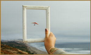 A paraguider inside an empty frame on a beach