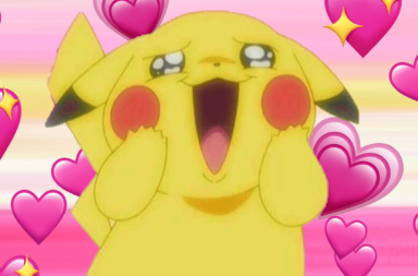 Pikachu surrounedd by lovehearts