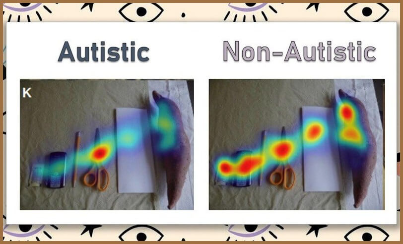 A heatmap comparing how autistic and non-autistic people view different office appliances. The autistic view focuses in the center and then gives equally attention to items outside of the middle, whilst the non-autistic moves left to right slowly losing attention.